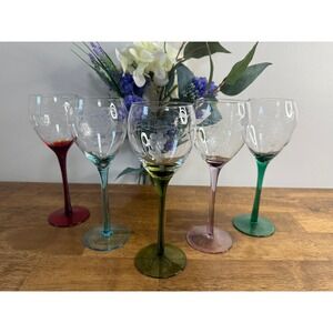 Vintage Etched Grape Wine Glasses Coloured Stem Goblets Rainbow Stemware